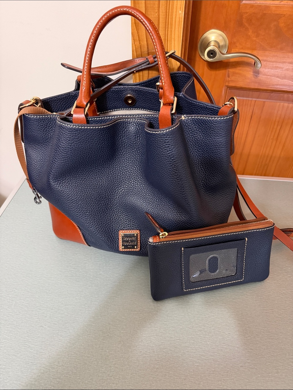 Dooney & Bourke Navy and Tan Pebble Leather Shoulder Bag with Wristlet